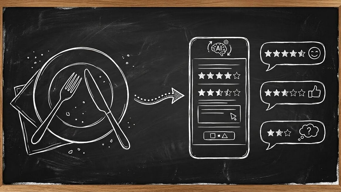 Chalkboard sketch illustration of restaurant customer feedback with AI forms showing plate with fork and knife connected to smartphone with star ratings