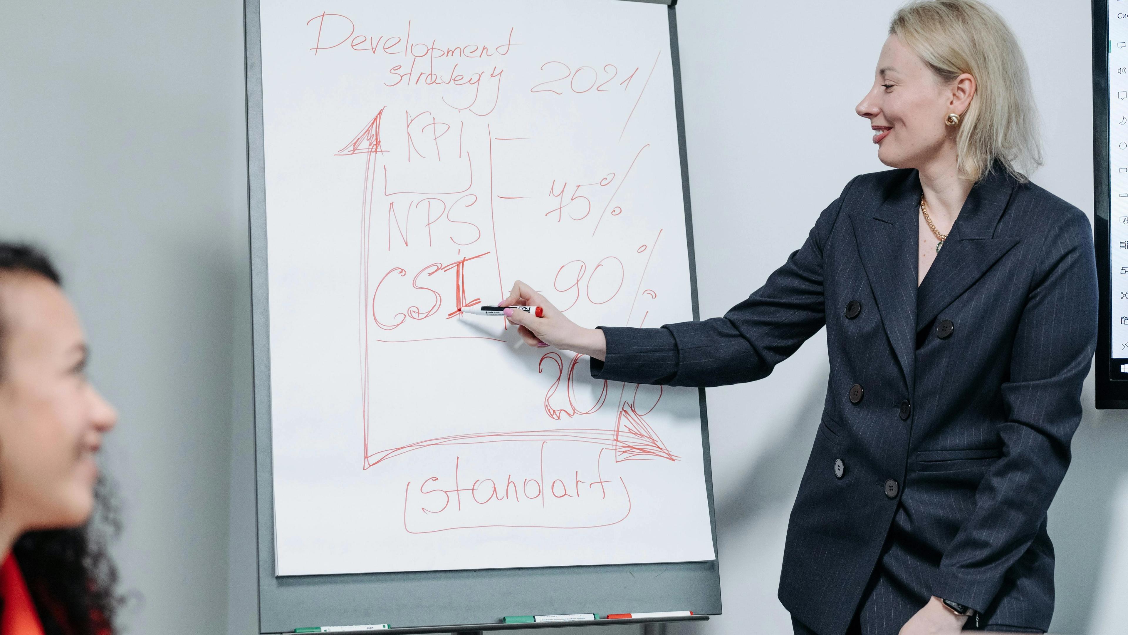 A woman in a suit smiles as she explains a development strategy written on a whiteboard to another person.