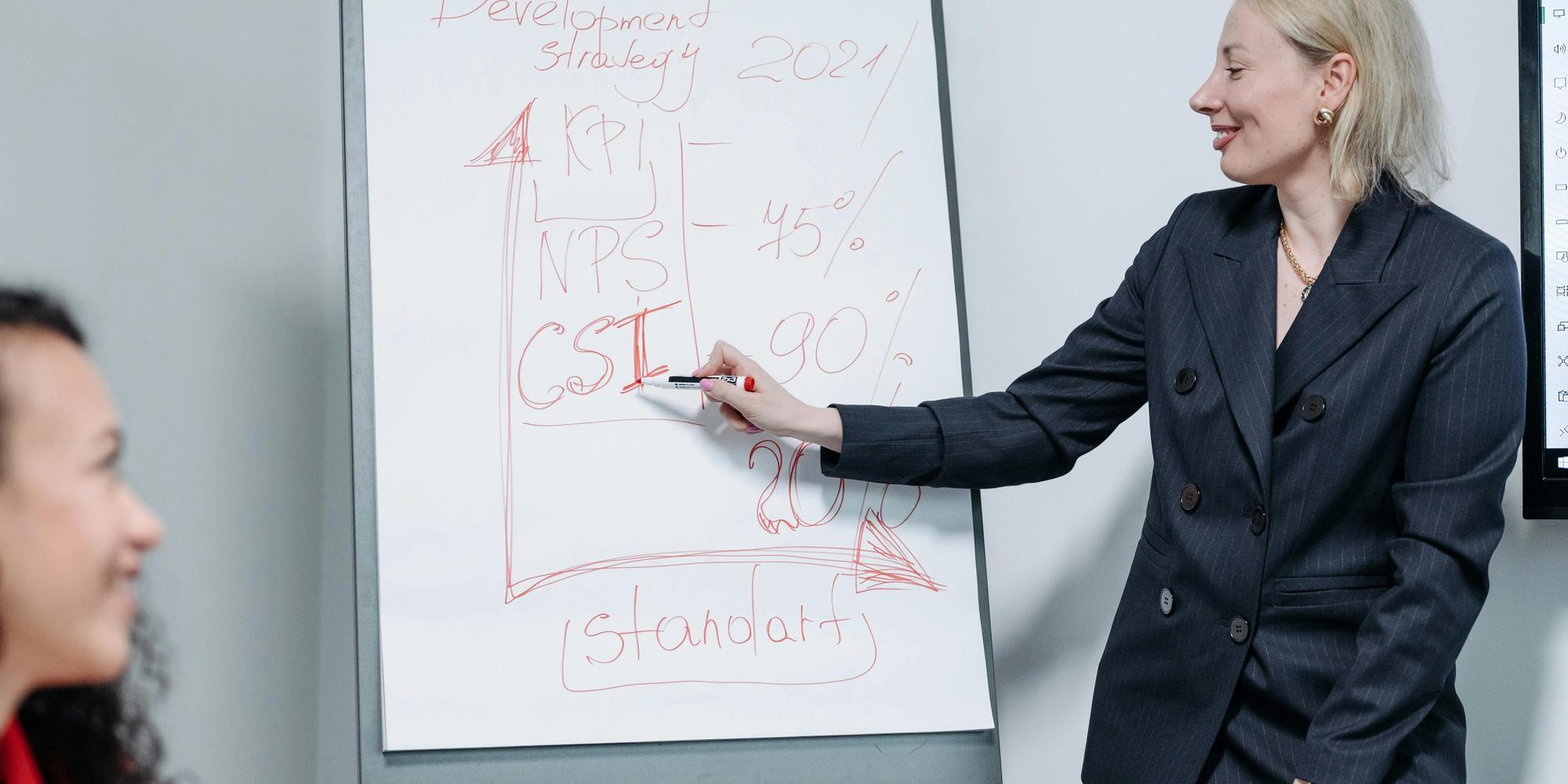 A woman in a suit smiles as she explains a development strategy written on a whiteboard to another person.