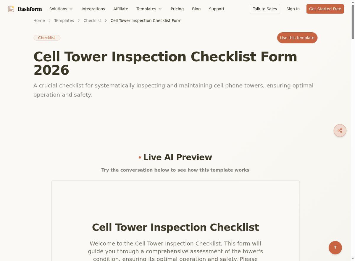 Dashform Inspection Checklist Form template page screenshot