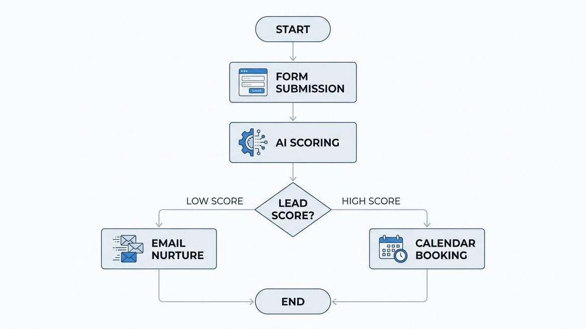 Automated lead qualification workflow diagram showing form submission to calendar booking