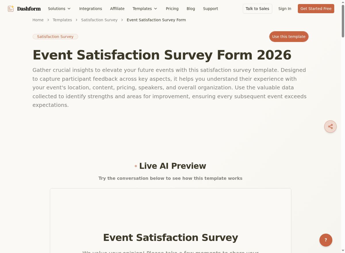 Dashform Event Satisfaction Survey Form template page screenshot