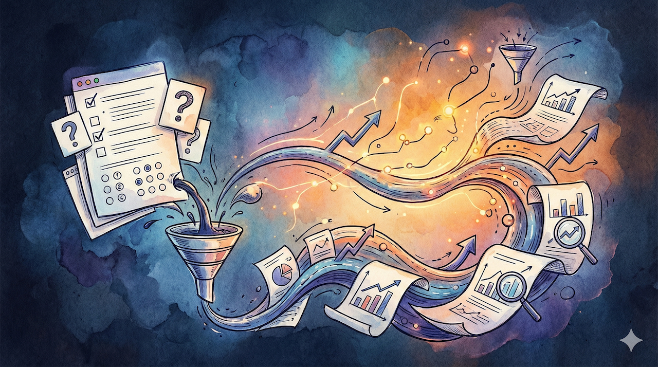 Forms and questions flow through a funnel, transforming into charts, graphs, and upward arrows, representing data analysis and growth.