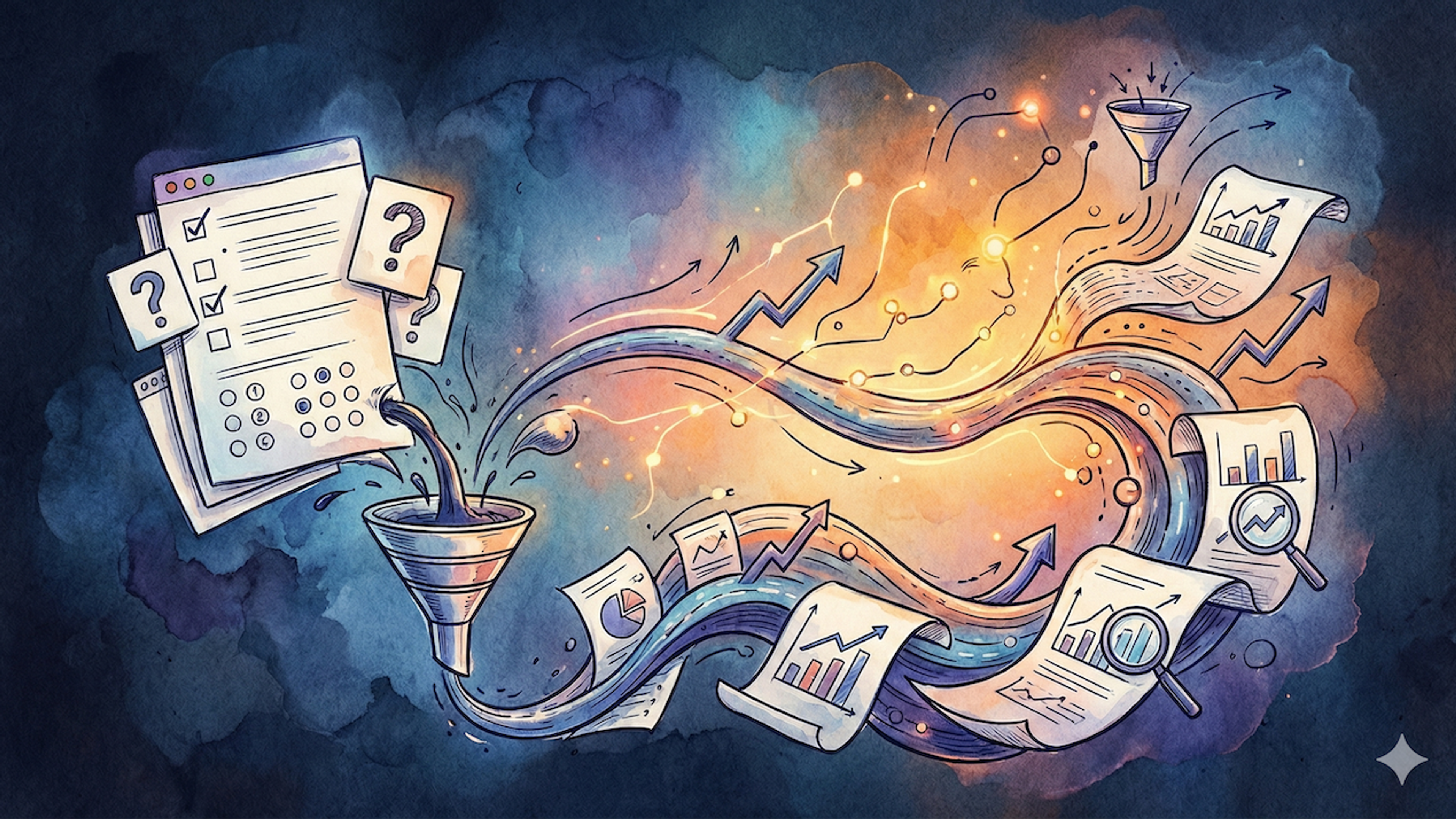 Forms and questions flow through a funnel, transforming into charts, graphs, and upward arrows, representing data analysis and growth.