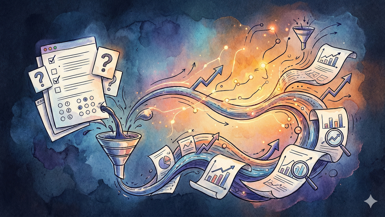 Forms and questions flow through a funnel, transforming into charts, graphs, and upward arrows, representing data analysis and growth.