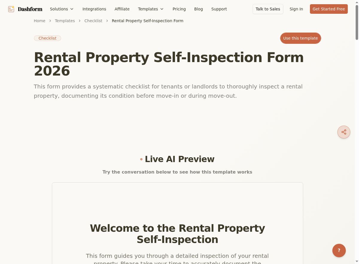 Dashform Rental Property Self-Inspection Form template page screenshot