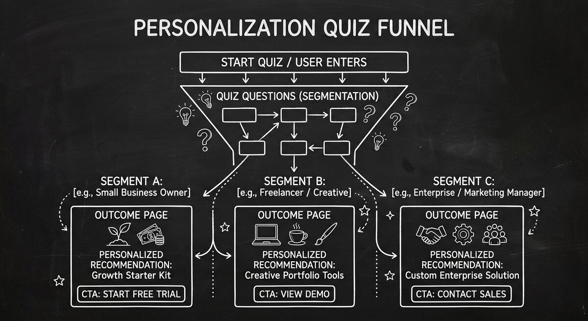 Quiz funnel showing personalized outcome pages for different user segments