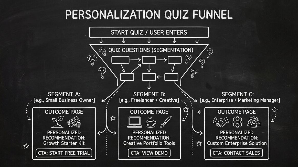 Quiz funnel showing personalized outcome pages for different user segments