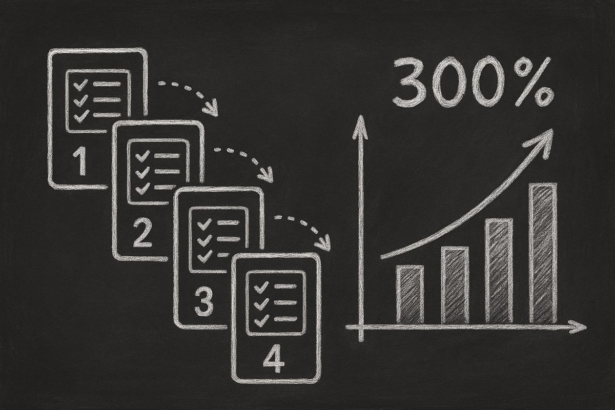 Multi-step forms conversion guide showing numbered form steps with upward trending conversion graph in chalkboard style