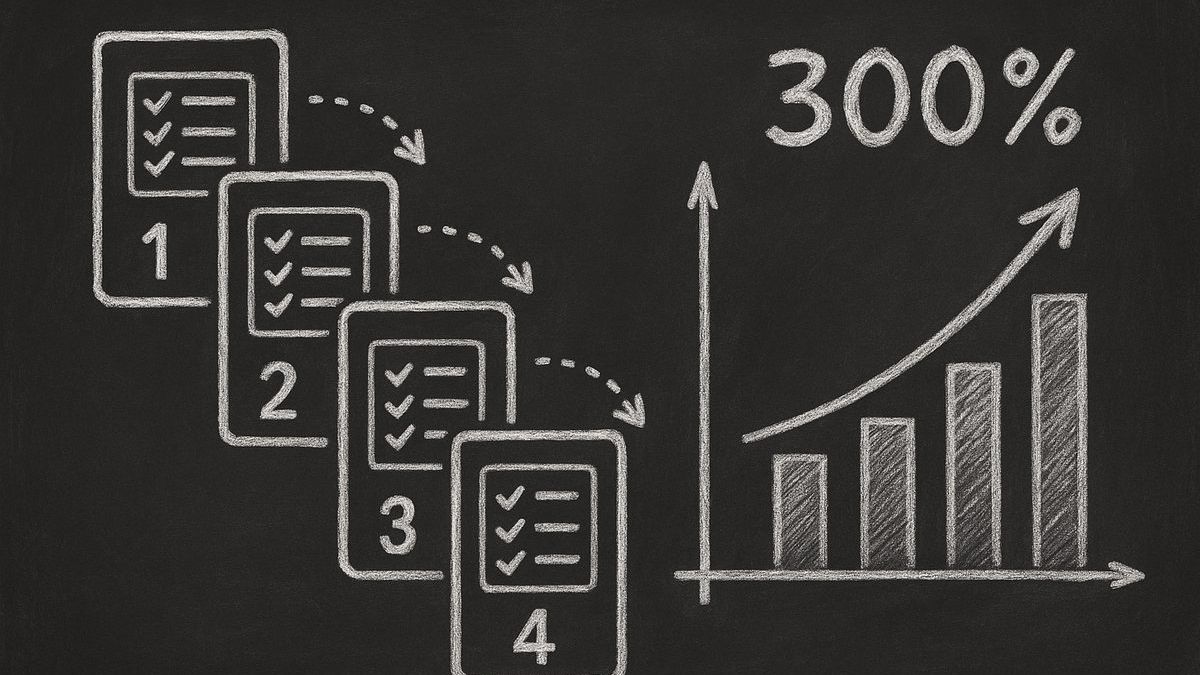 Multi-step forms conversion guide showing numbered form steps with upward trending conversion graph in chalkboard style
