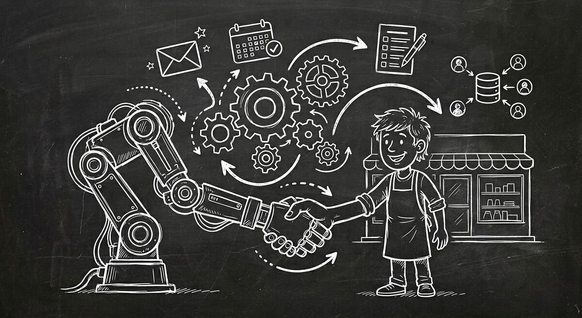 Chalkboard sketch of a robot hand and business owner shaking hands with automation workflow icons