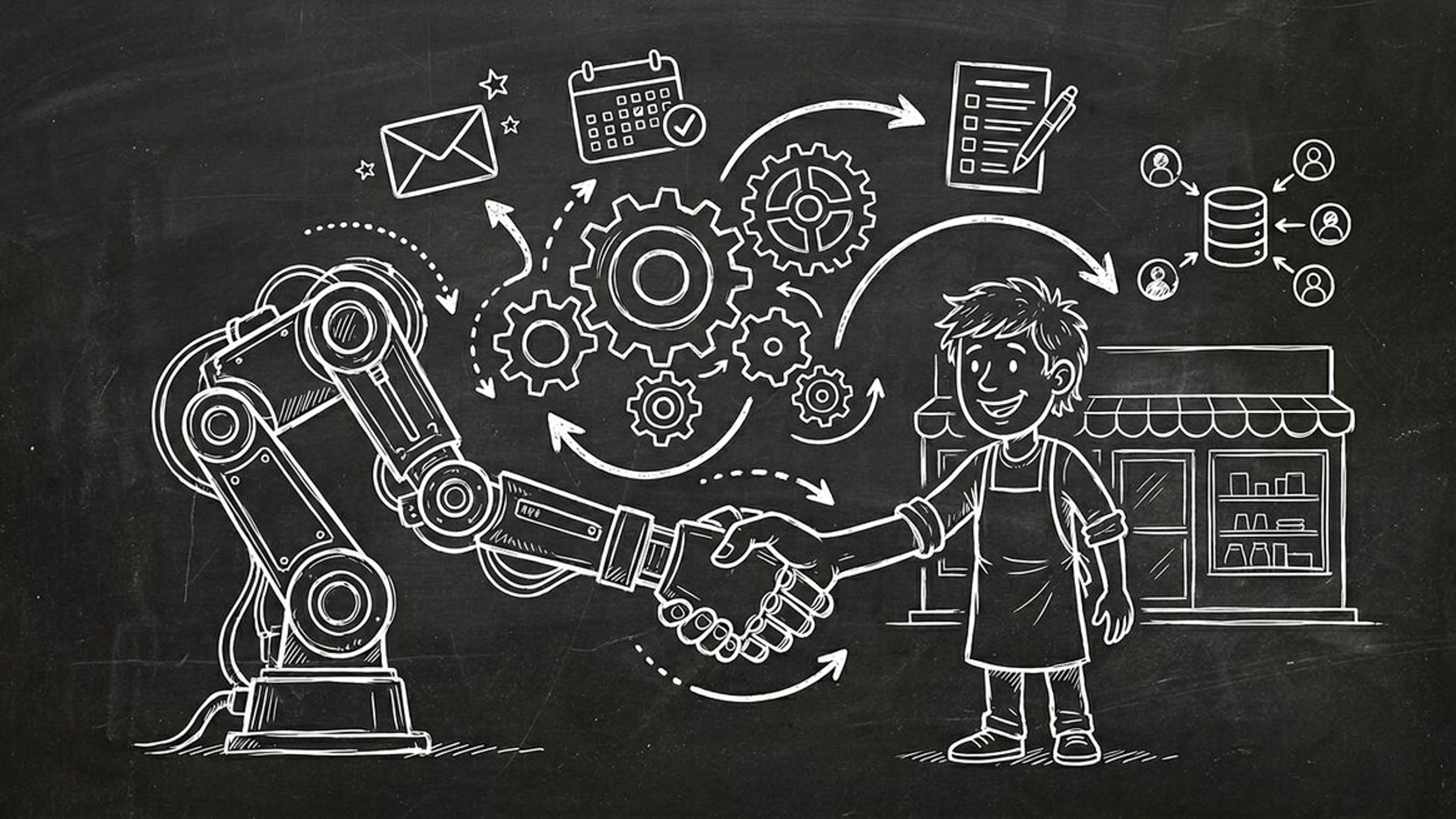 Chalkboard sketch of a robot hand and business owner shaking hands with automation workflow icons