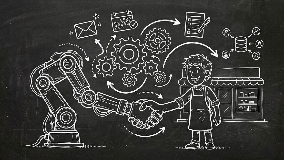 Chalkboard sketch of a robot hand and business owner shaking hands with automation workflow icons