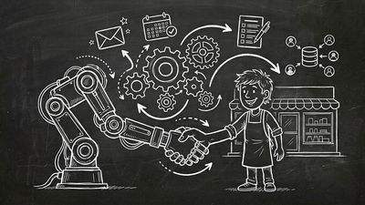 Chalkboard sketch of a robot hand and business owner shaking hands with automation workflow icons