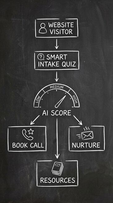 Smart intake quiz flowchart showing visitor through quiz to AI score with three routing paths