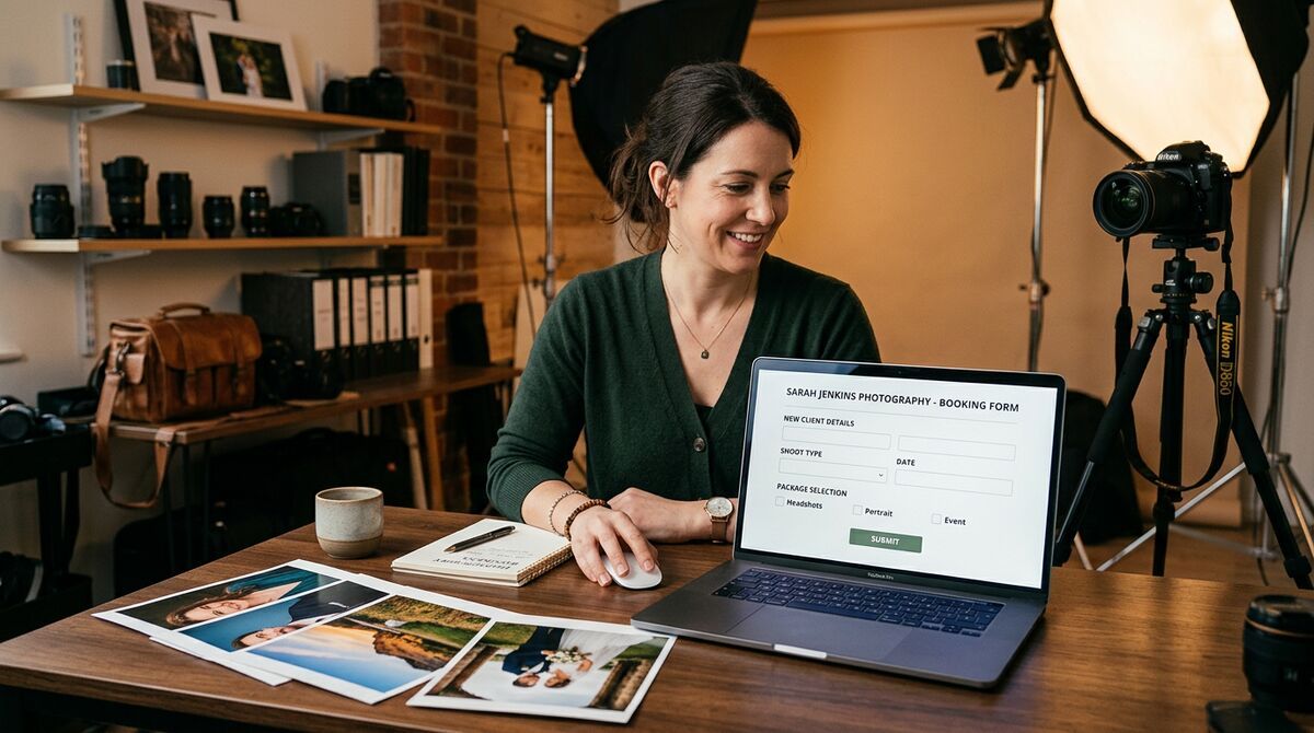 Photography studio with booking form on laptop screen