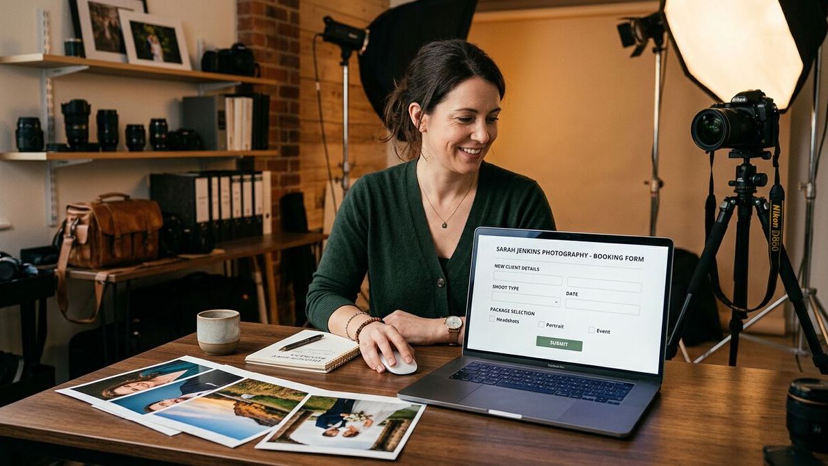 Photography studio with booking form on laptop screen