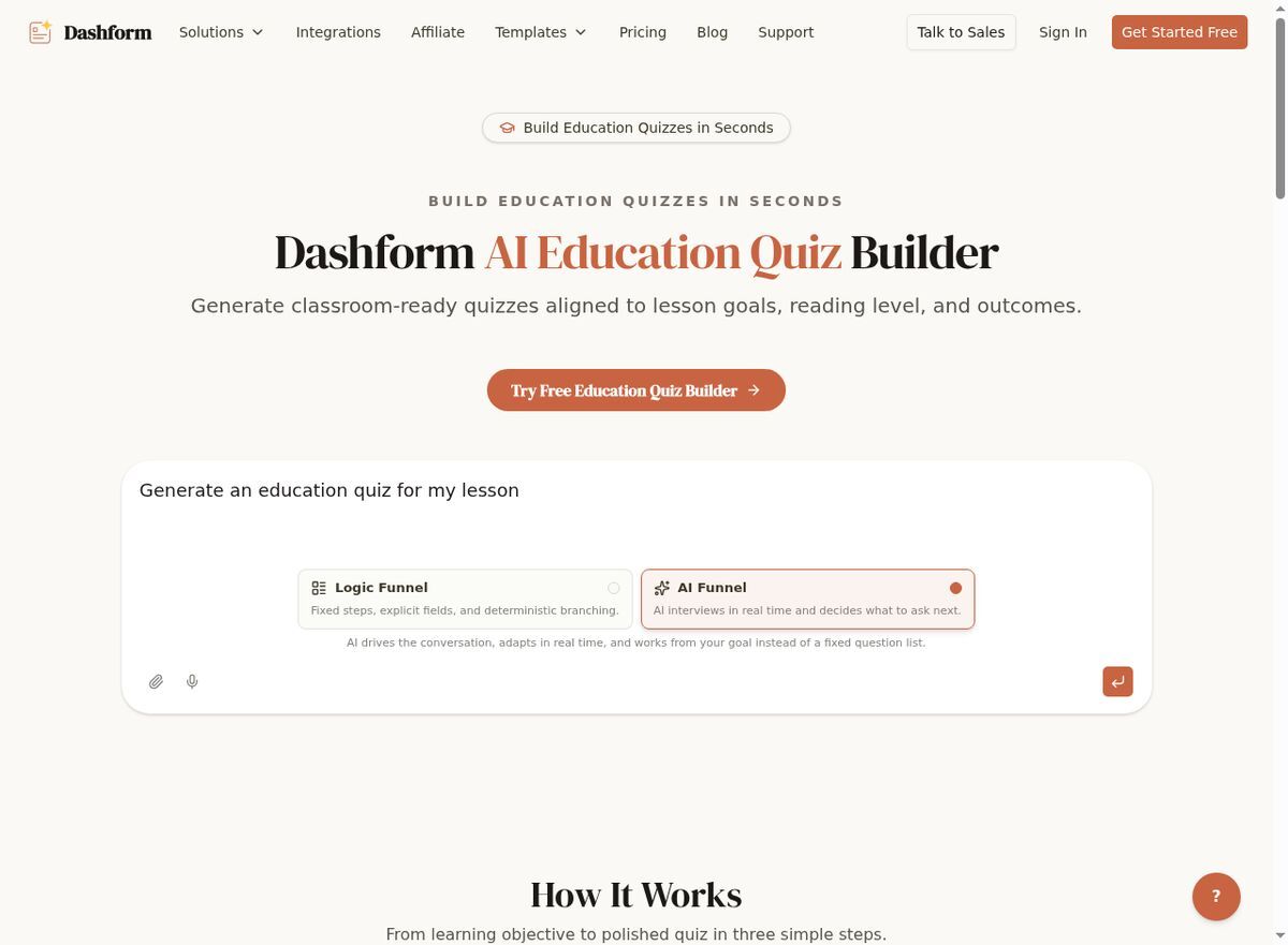 Dashform AI Education Quiz Builder for creating student assessment and placement quizzes