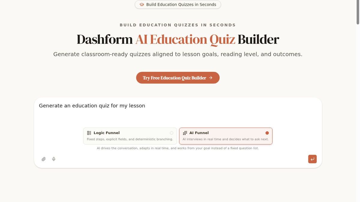 Dashform AI Education Quiz Builder for creating student assessment and placement quizzes