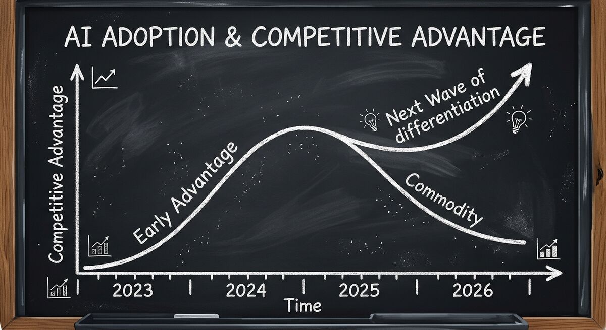 AI commoditization curve showing early advantage declining as adoption reaches 80%