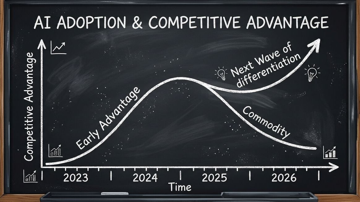 AI commoditization curve showing early advantage declining as adoption reaches 80%