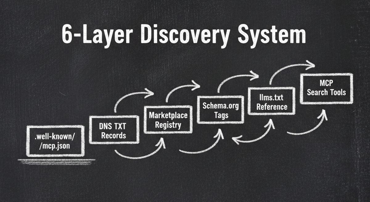 Chalkboard illustration showing 6 discovery layers stacked vertically from well-known mcp.json at the bottom to MCP Search Tools at the top