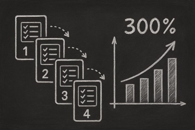 Multi-step forms conversion guide showing numbered form steps with upward trending conversion graph in chalkboard style