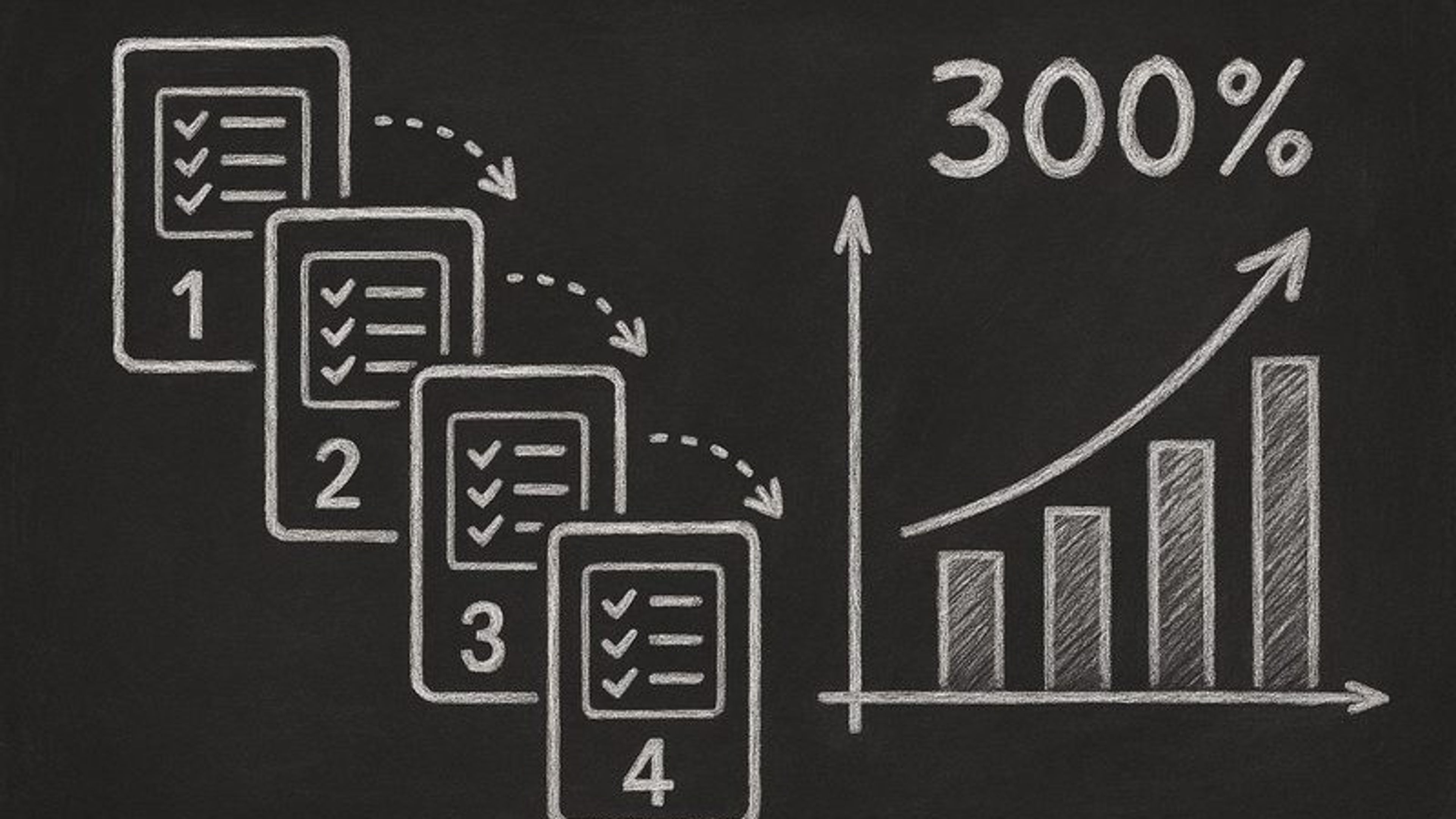 Multi-step forms conversion guide showing numbered form steps with upward trending conversion graph in chalkboard style