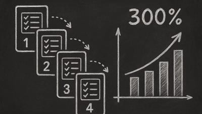 Multi-step forms conversion guide showing numbered form steps with upward trending conversion graph in chalkboard style