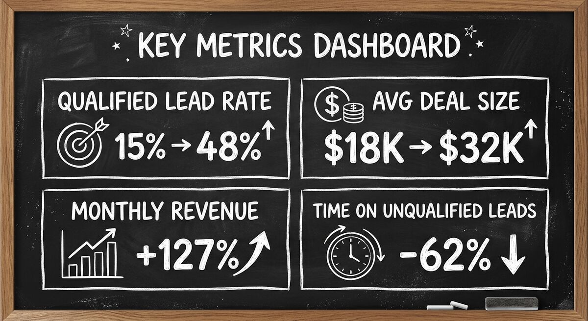 ROI dashboard showing qualified lead rate 15% to 48%, average deal size $18K to $32K, monthly revenue +127%
