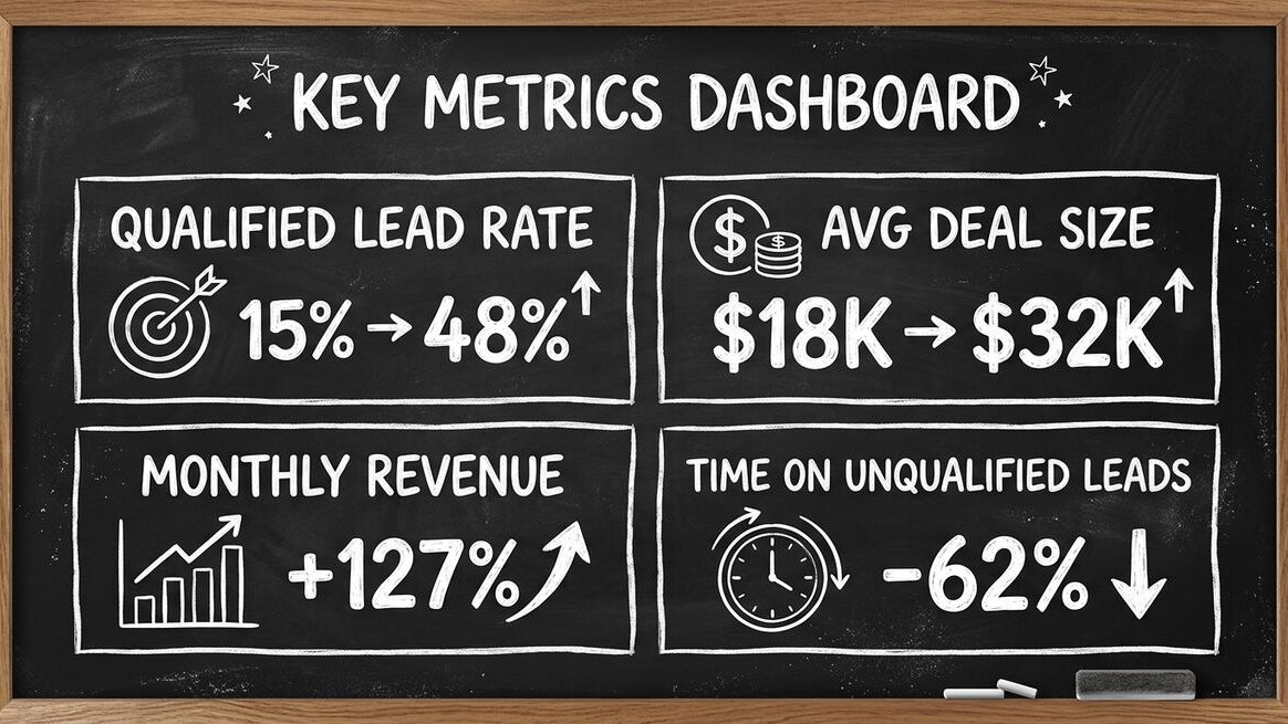 ROI dashboard showing qualified lead rate 15% to 48%, average deal size $18K to $32K, monthly revenue +127%