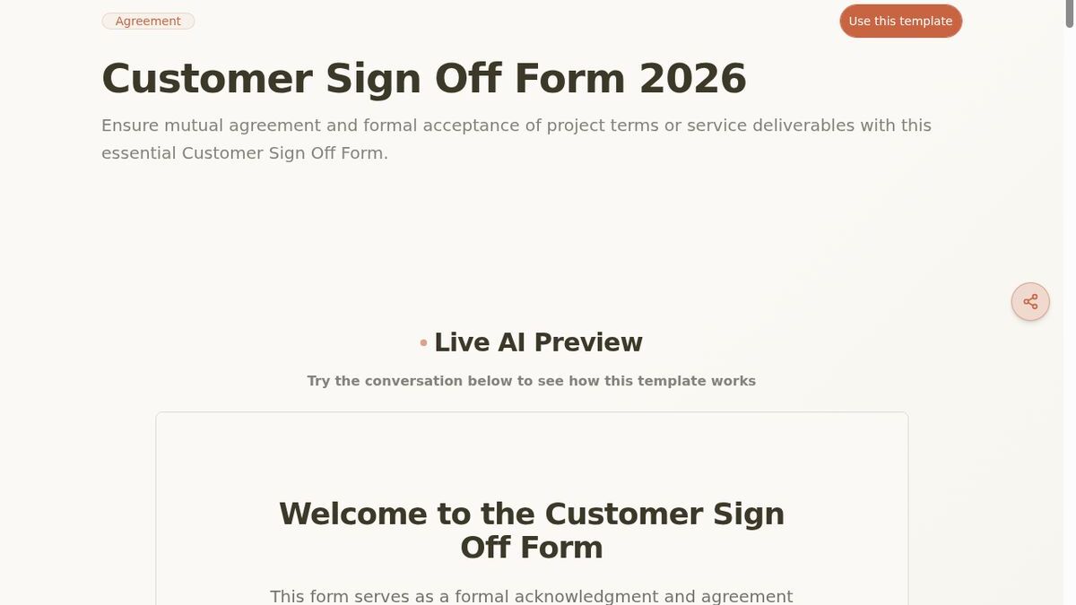 Dashform Customer Sign-Off Form template page screenshot