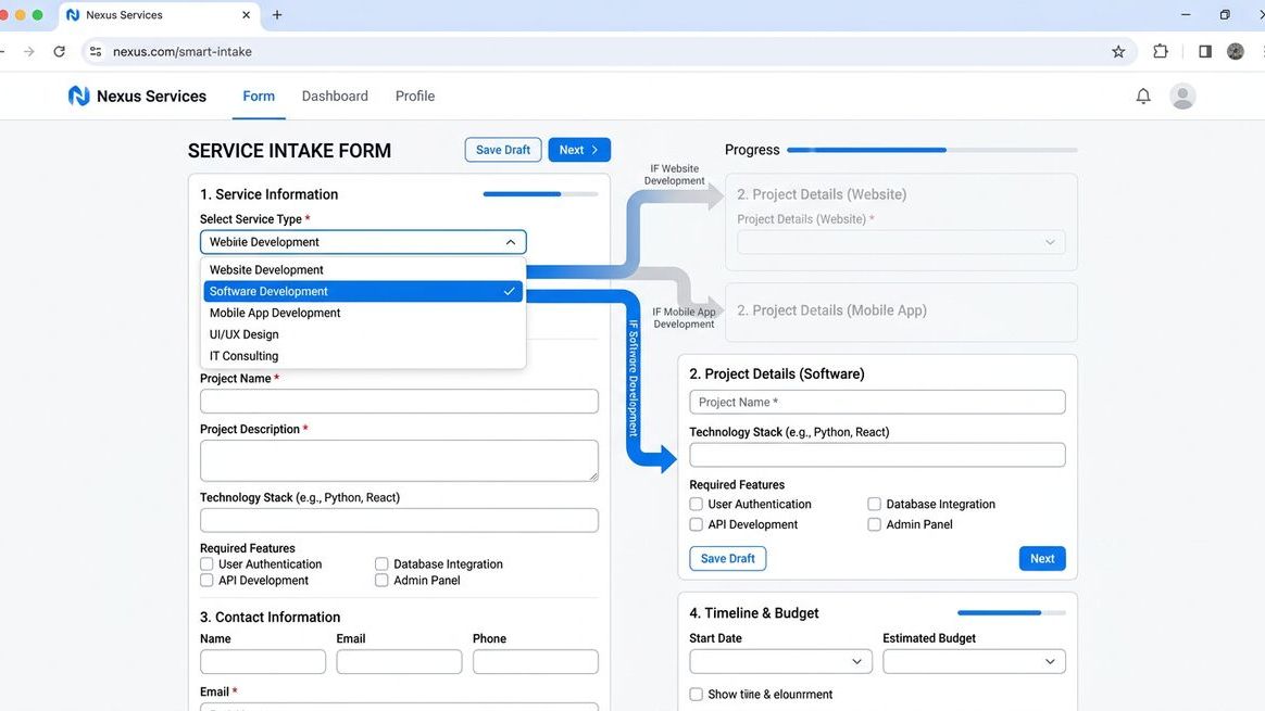 Smart intake form with conditional logic branching based on service type selection
