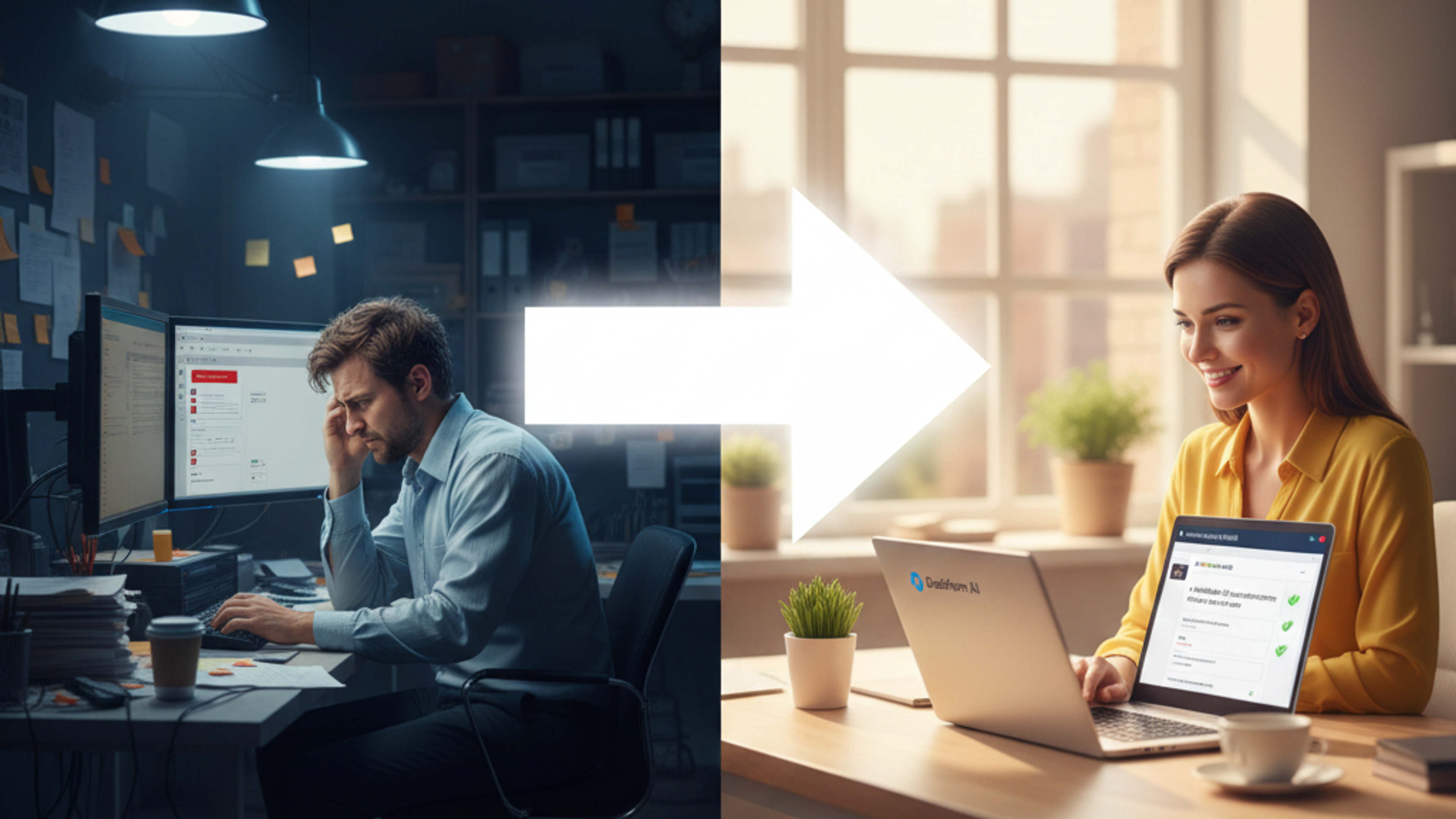 A split image showing a stressed man in a dark, messy office labeled "The Old Way" contrasted with a smiling woman using a laptop in a bright, clean office labeled "The Dashform AI Way," promoting Dashform AI.