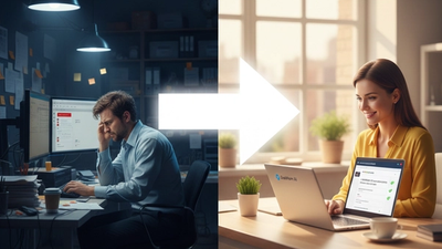 A split image showing a stressed man in a dark, messy office labeled "The Old Way" contrasted with a smiling woman using a laptop in a bright, clean office labeled "The Dashform AI Way," promoting Dashform AI.