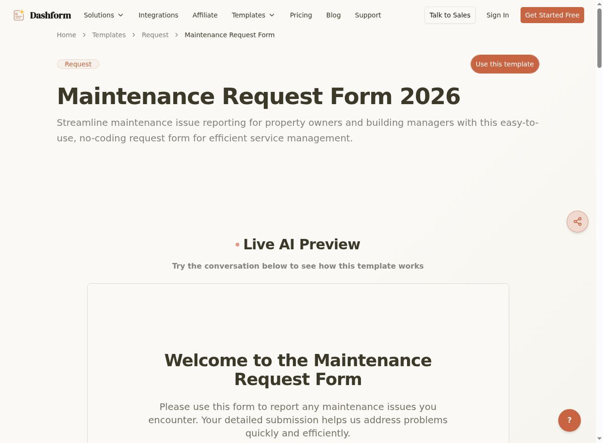 Dashform Maintenance Request Form template page screenshot