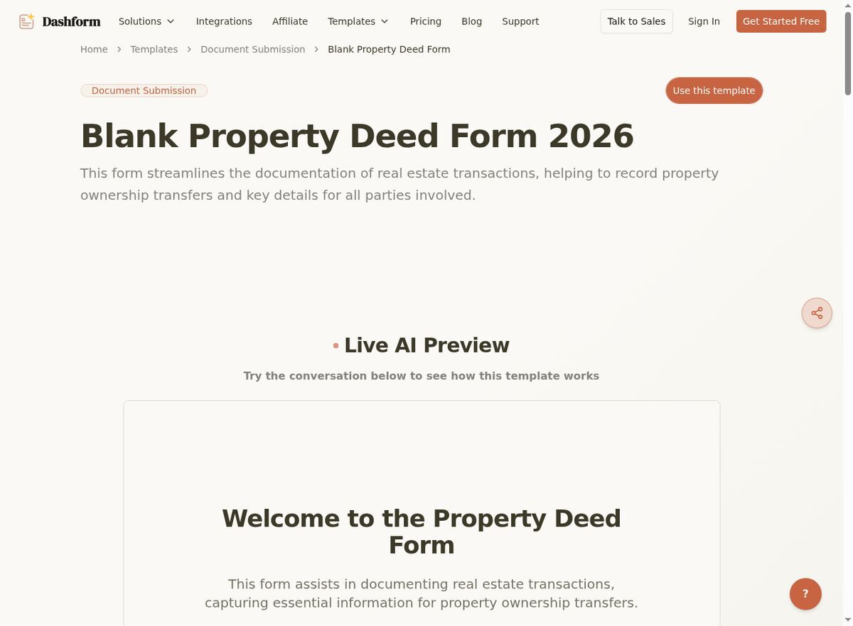 Dashform Blank Property Deed Form template page screenshot