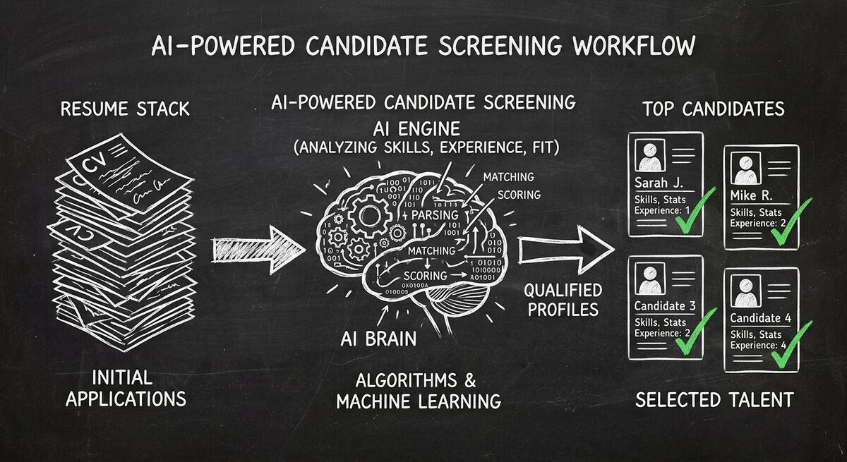 AI-powered candidate screening workflow showing resume analysis and qualification
