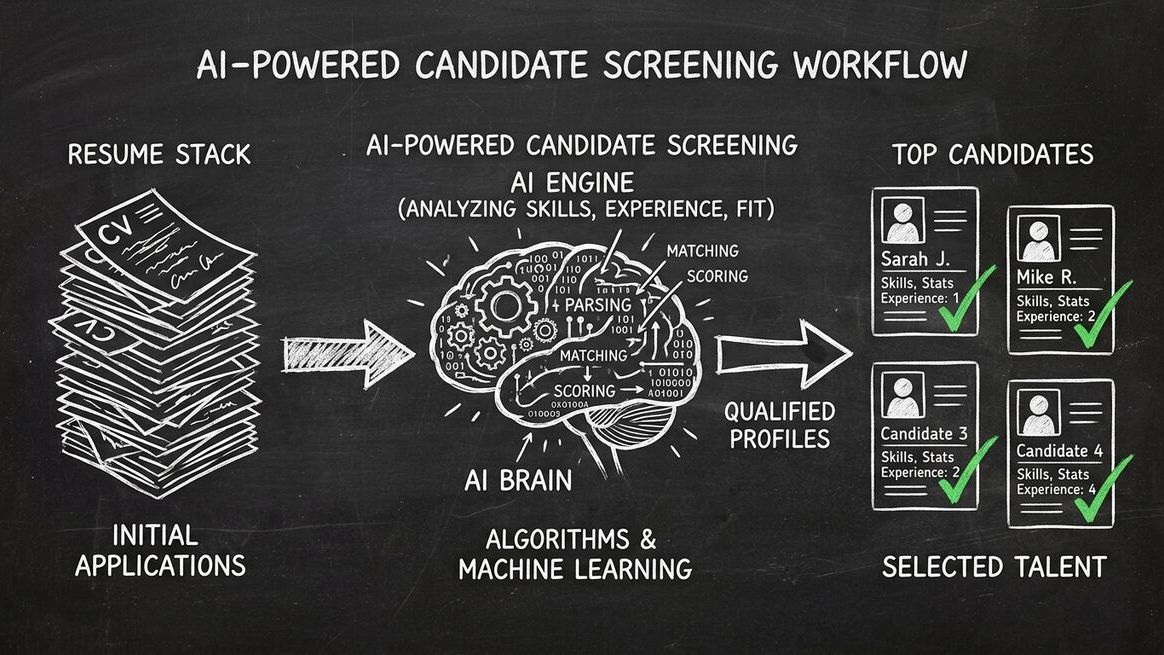 AI-powered candidate screening workflow showing resume analysis and qualification