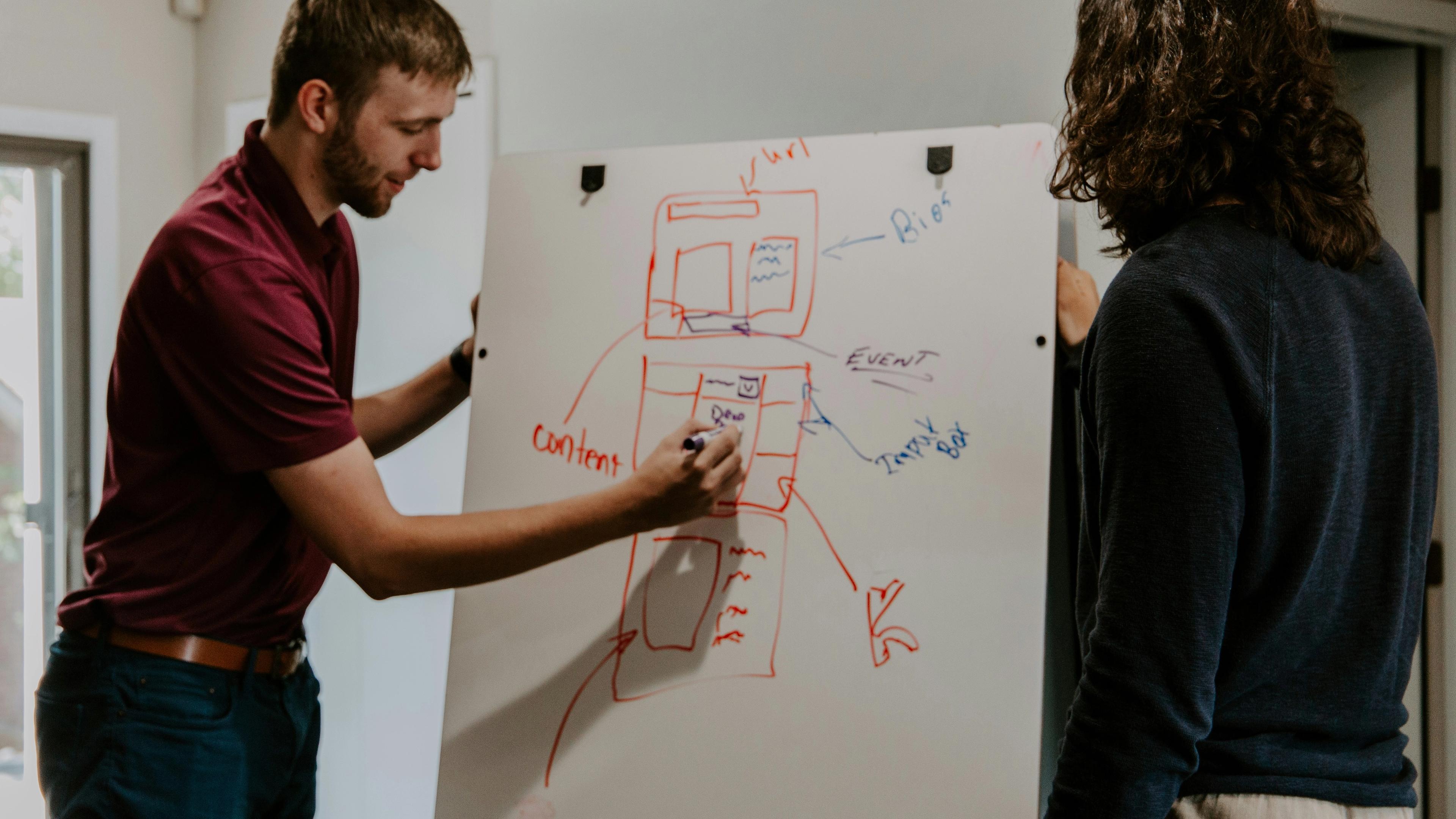 A man draws a website wireframe on a whiteboard while another person observes.