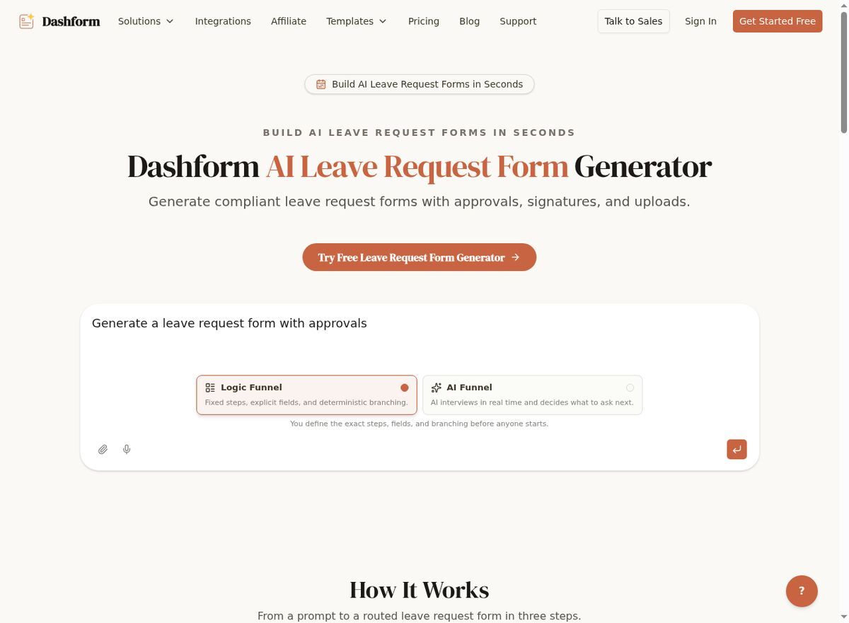 Dashform AI Leave Request Form Generator with policy-aligned approval workflows