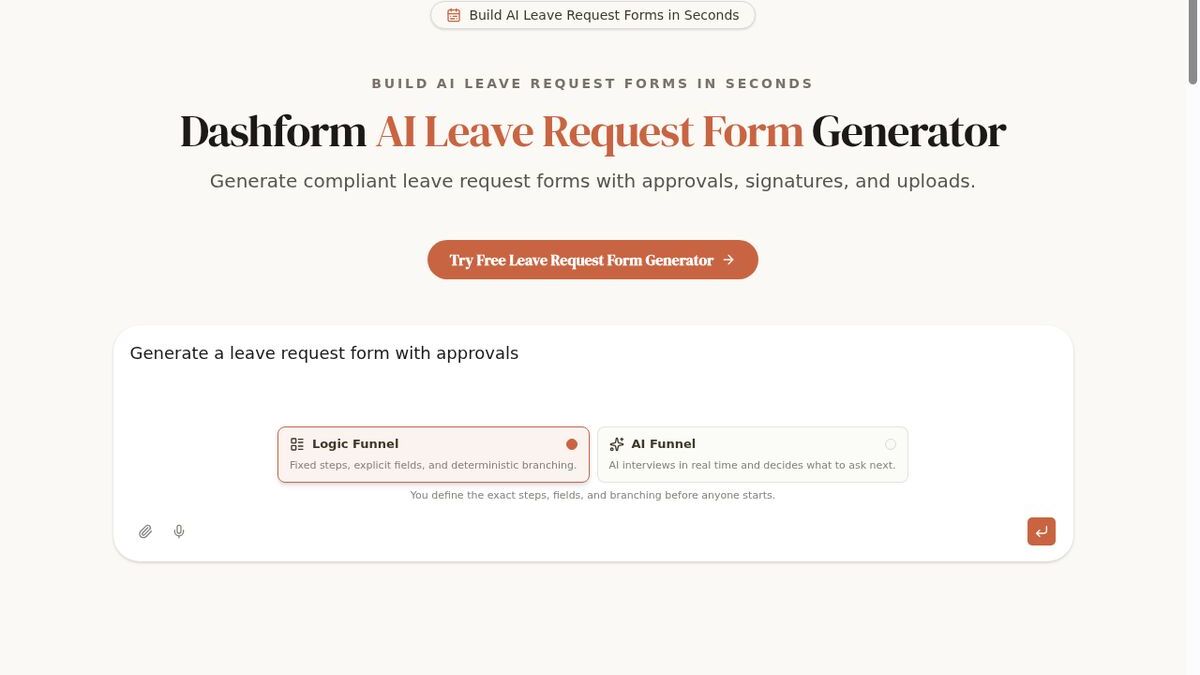 Dashform AI Leave Request Form Generator with policy-aligned approval workflows