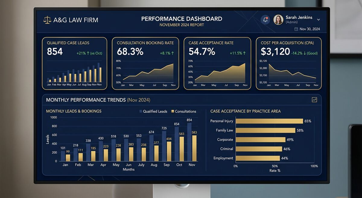 Dashboard showing law firm performance improvements with OpenClaw AI agent and Dashform intake