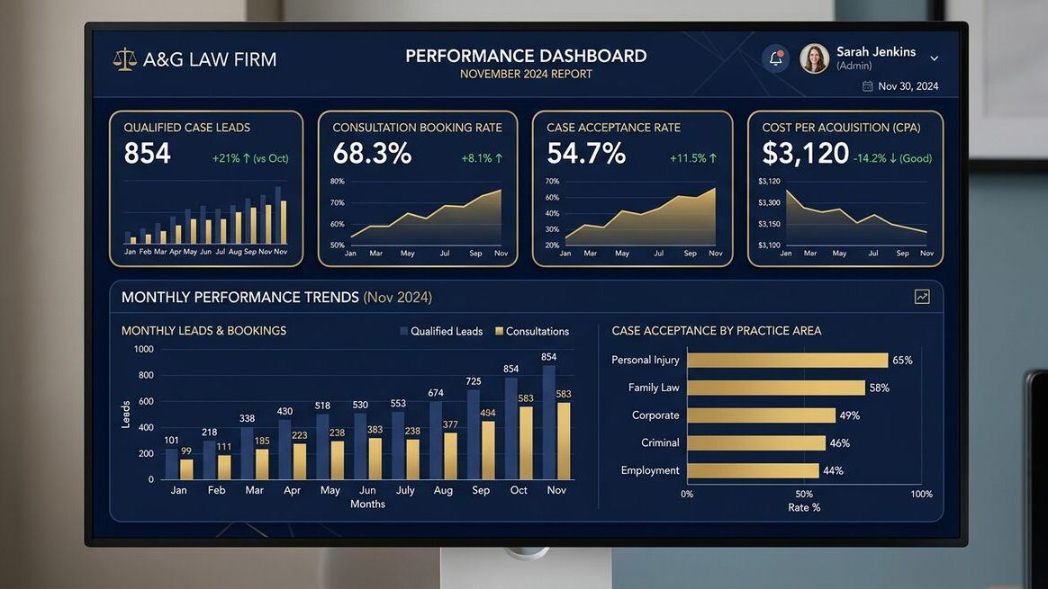 Dashboard showing law firm performance improvements with OpenClaw AI agent and Dashform intake
