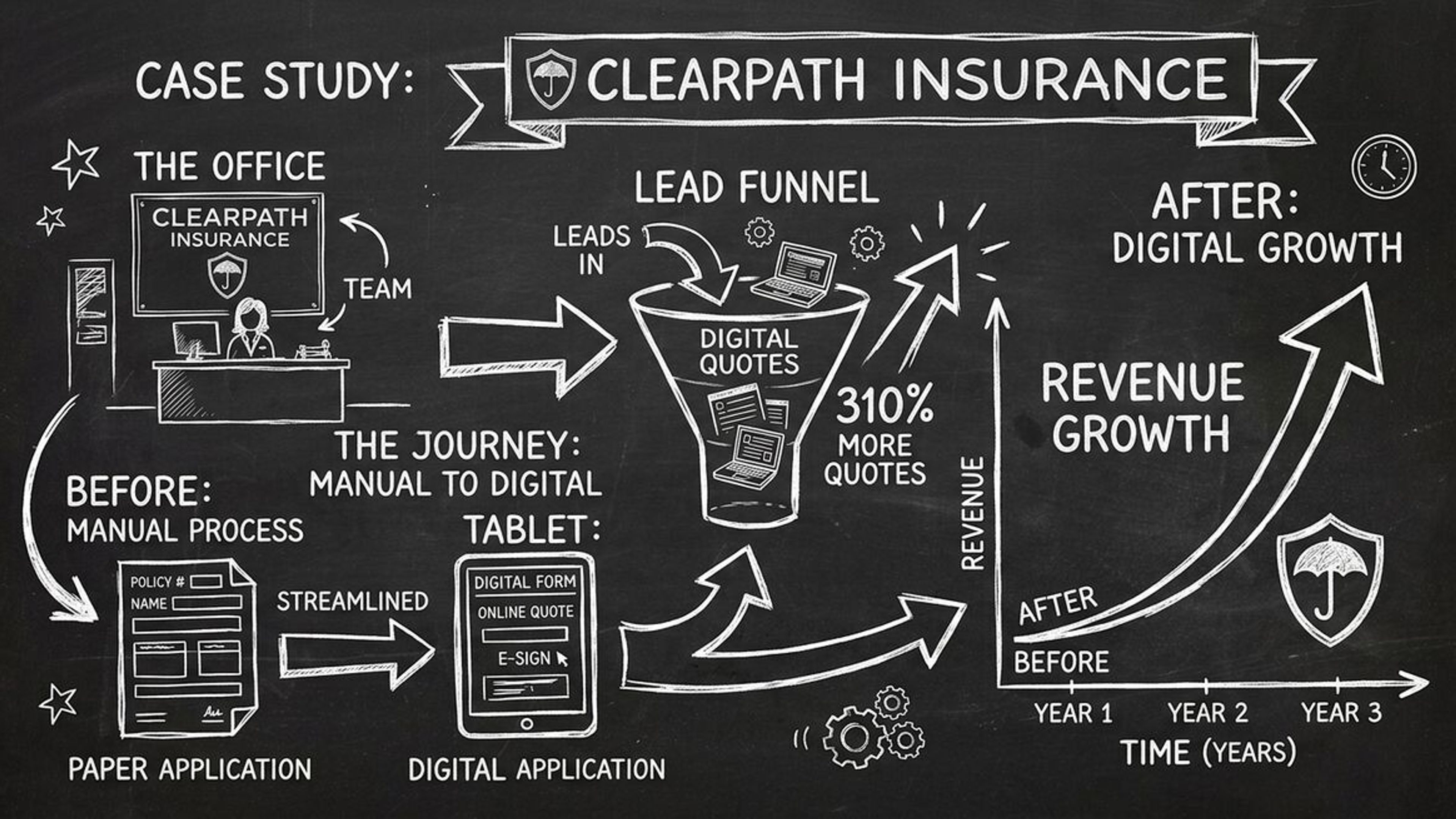 Chalkboard style illustration of Clearpath Insurance Group case study showing digital insurance intake transformation with 310% quote request growth