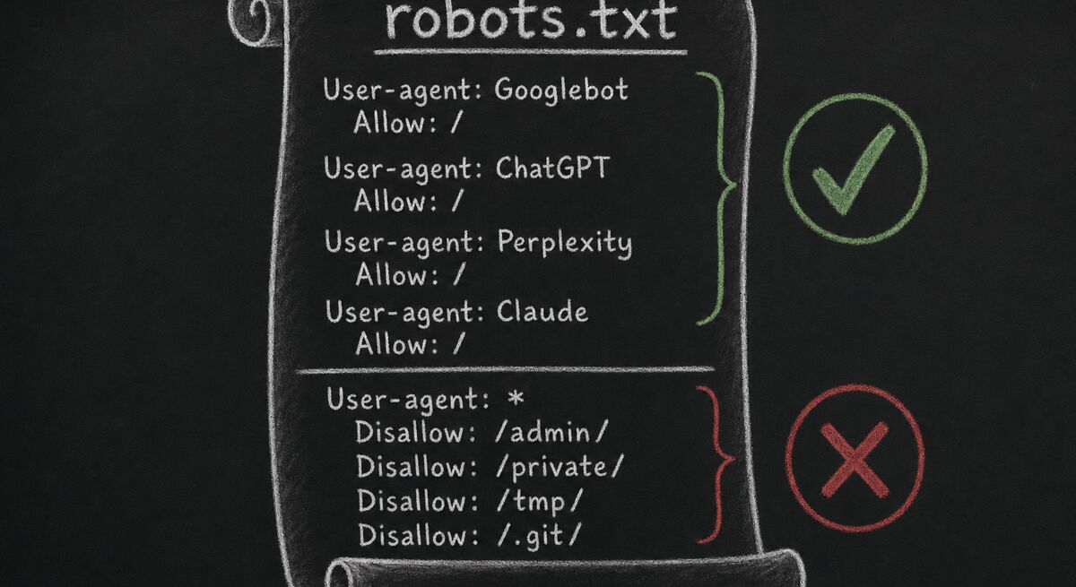 robots.txt scroll showing allowed AI user agents with check marks