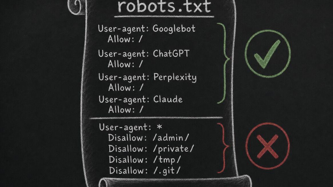 robots.txt scroll showing allowed AI user agents with check marks