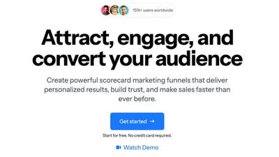 Marketing landing page with headline "Attract, engage, and convert your audience," a "Get started" button, and "151k+ users worldwide."