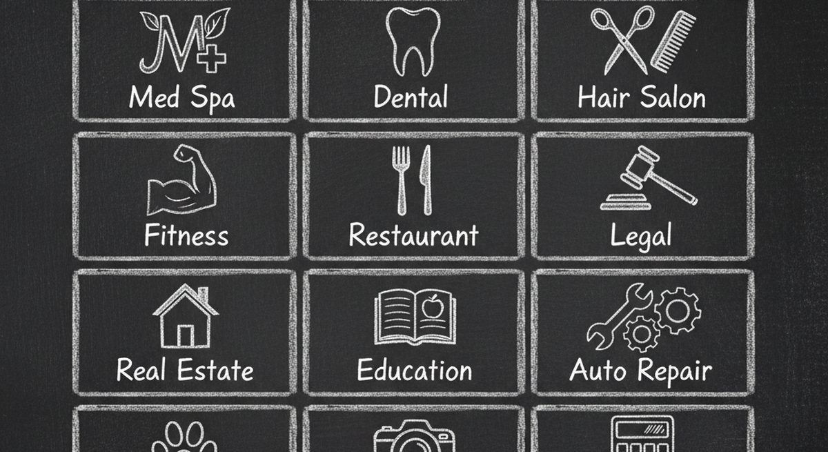 Chalkboard illustration showing a marketplace grid with 12 service categories that AI agents can browse
