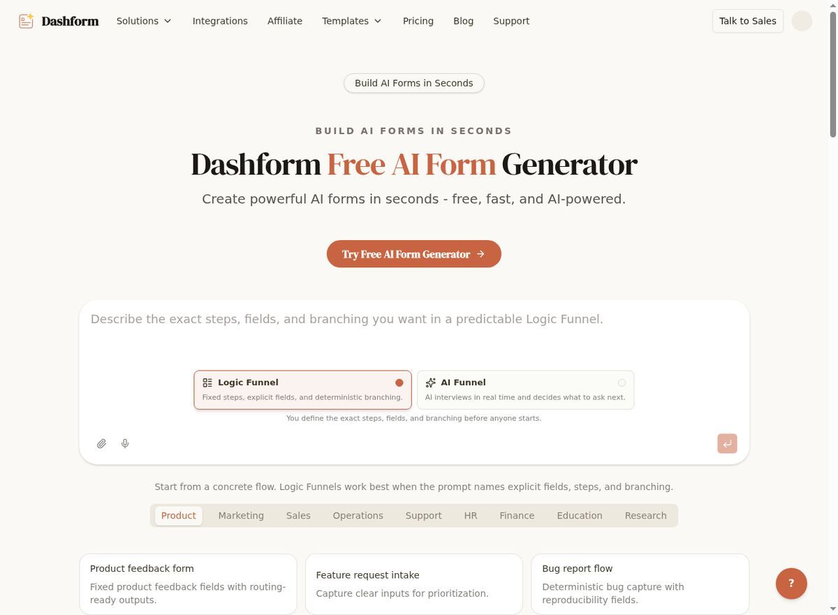 Dashform AI Form Generator for creating service-specific home repair intake forms